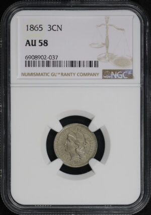 Obverse of this 1865 Three Cent Nickel NGC AU-58