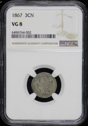Obverse of this 1867 Three Cent Nickel NGC VG-8