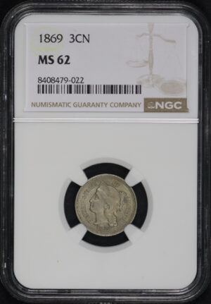 Obverse of this 1869 Three Cent Nickel NGC MS-62