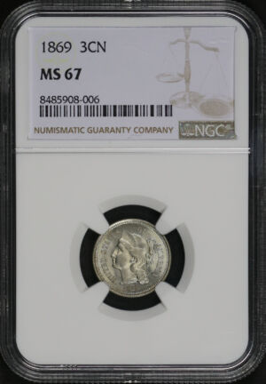 Obverse of this 1869 Three Cent Nickel NGC MS-67 Top Pop!