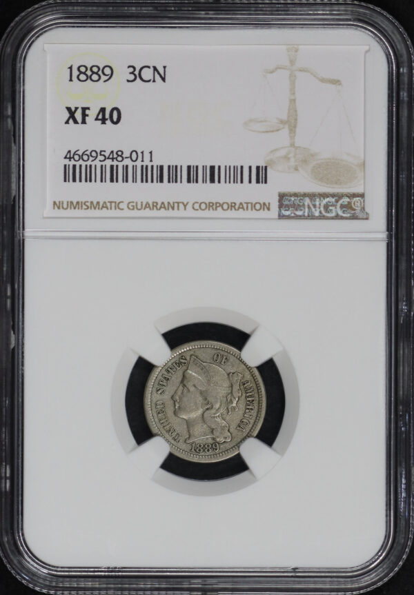 Obverse of this 1889 Three Cent Nickel NGC XF-40