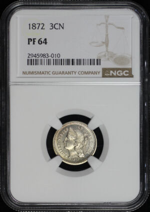Obverse of this 1872 Three Cent Nickel NGC PF-64