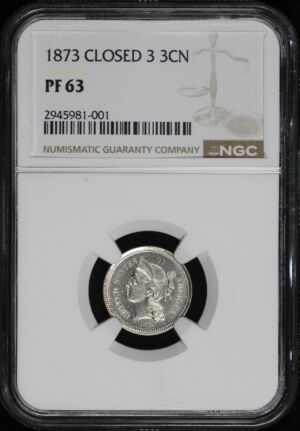 Obverse of this 1873 Three Cent Nickel Closed 3 NGC PF-63