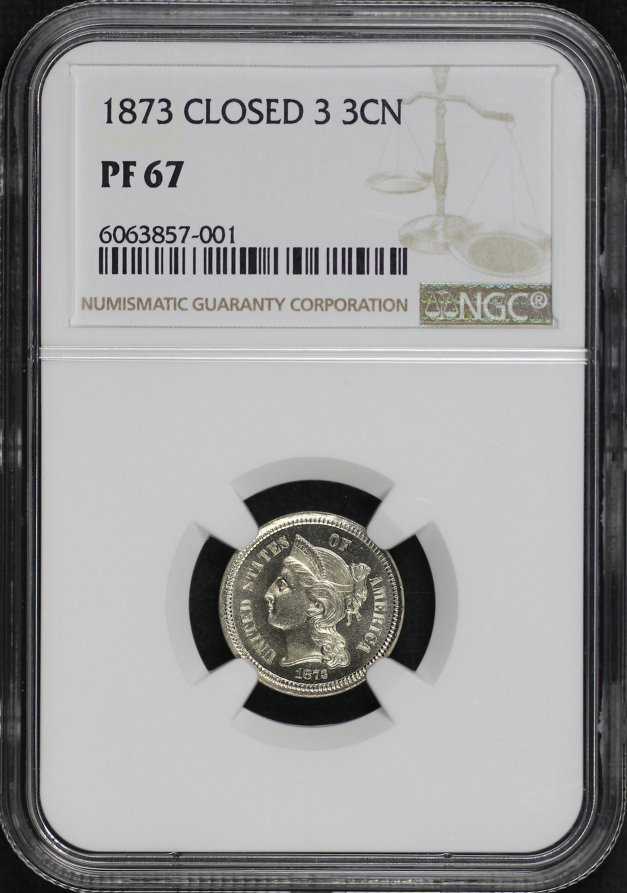 Obverse of this 1873 Three Cent Nickel Closed 3 NGC PF-67