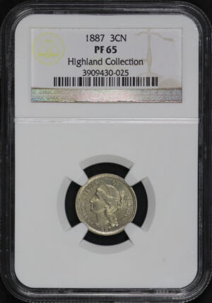 Obverse of this 1887 Three Cent Nickel NGC PF-65 Highland Collection