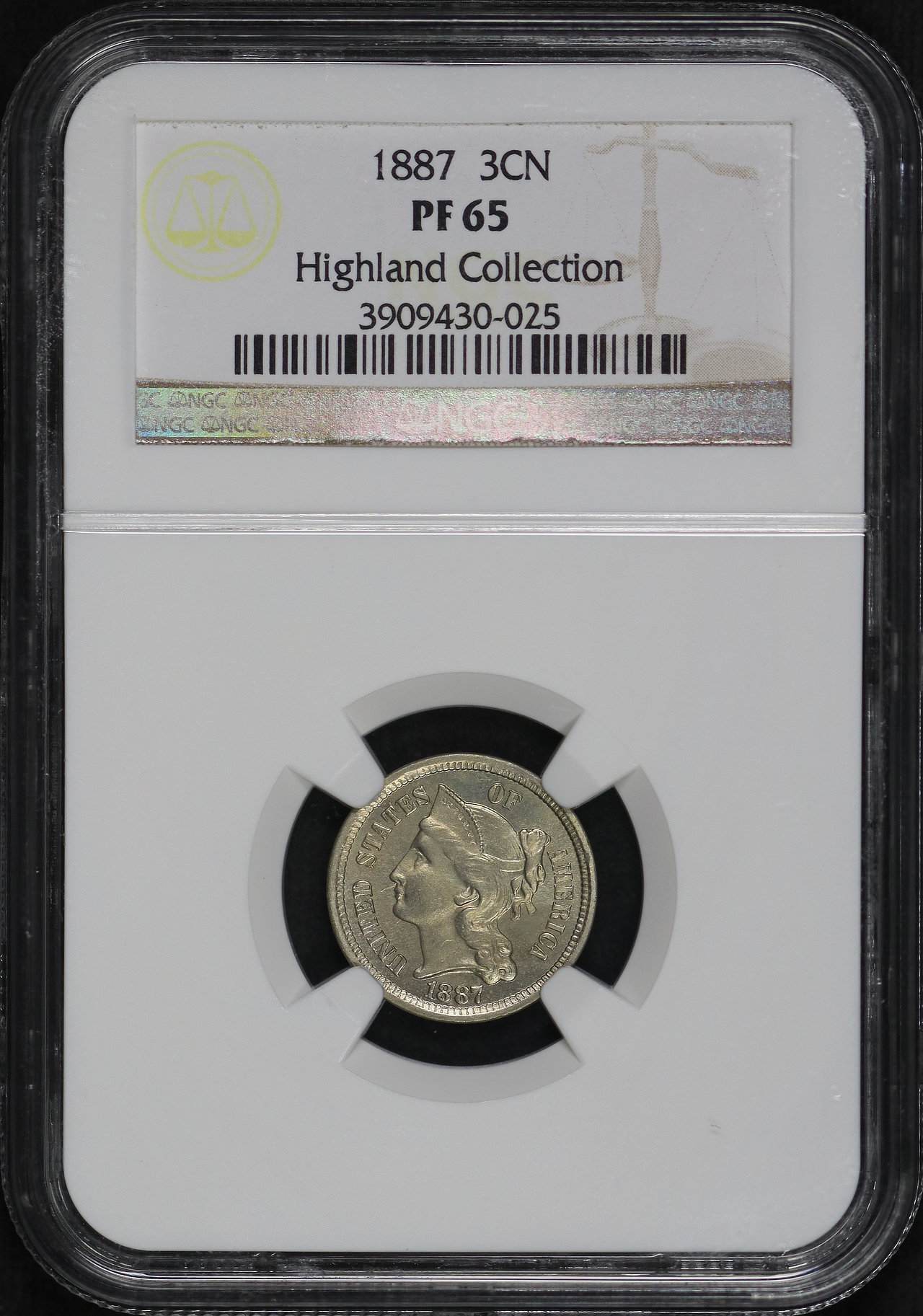 Obverse of this 1887 Three Cent Nickel NGC PF-65 Highland Collection