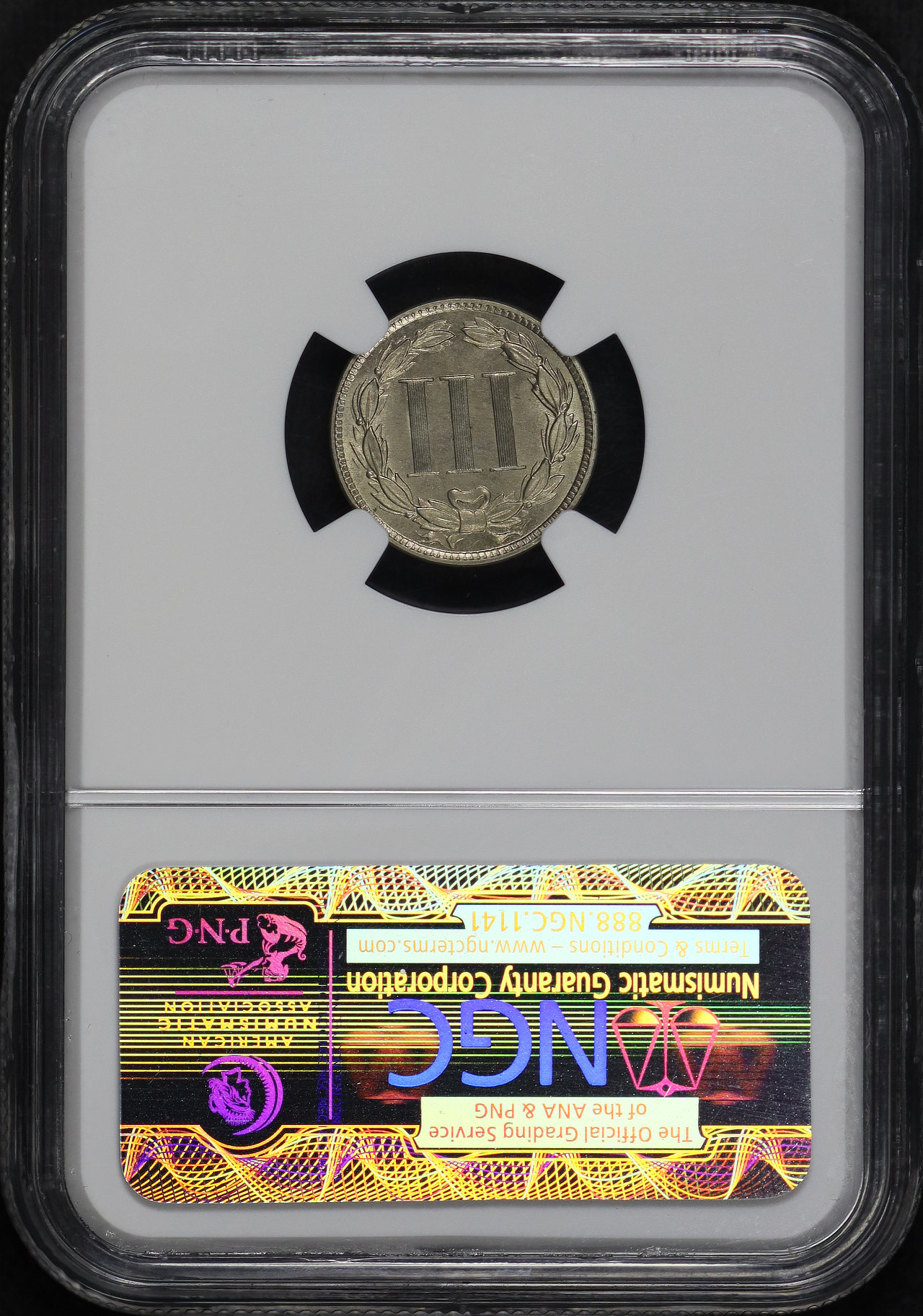 Reverse of this 1887 Three Cent Nickel NGC PF-65 Highland Collection