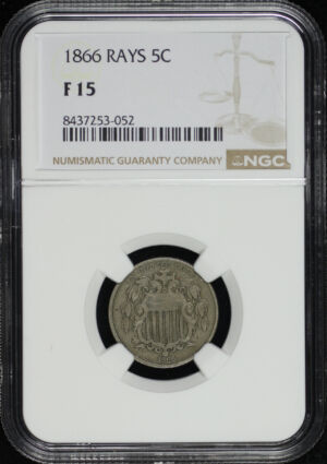 Obverse of this 1866 Shield Nickel Rays NGC F-15