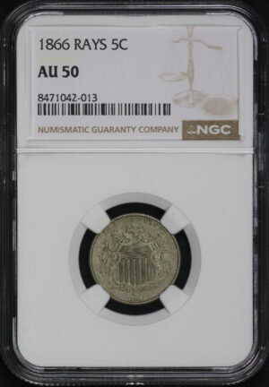 Obverse of this 1866 Shield Nickel with Rays NGC AU-50