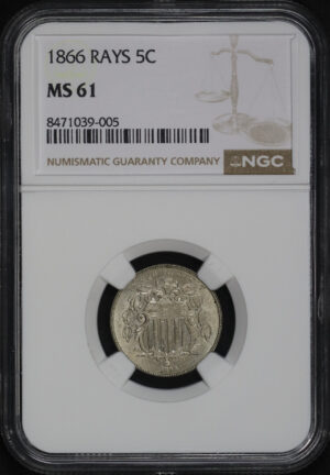 Obverse of this 1866 Shield Nickel with Rays NGC MS-61