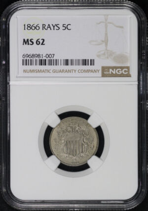 Obverse of this 1866 Shield Nickel with Rays NGC MS-62