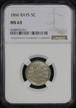 Obverse of this 1866 Shield Nickel with Rays NGC MS-63