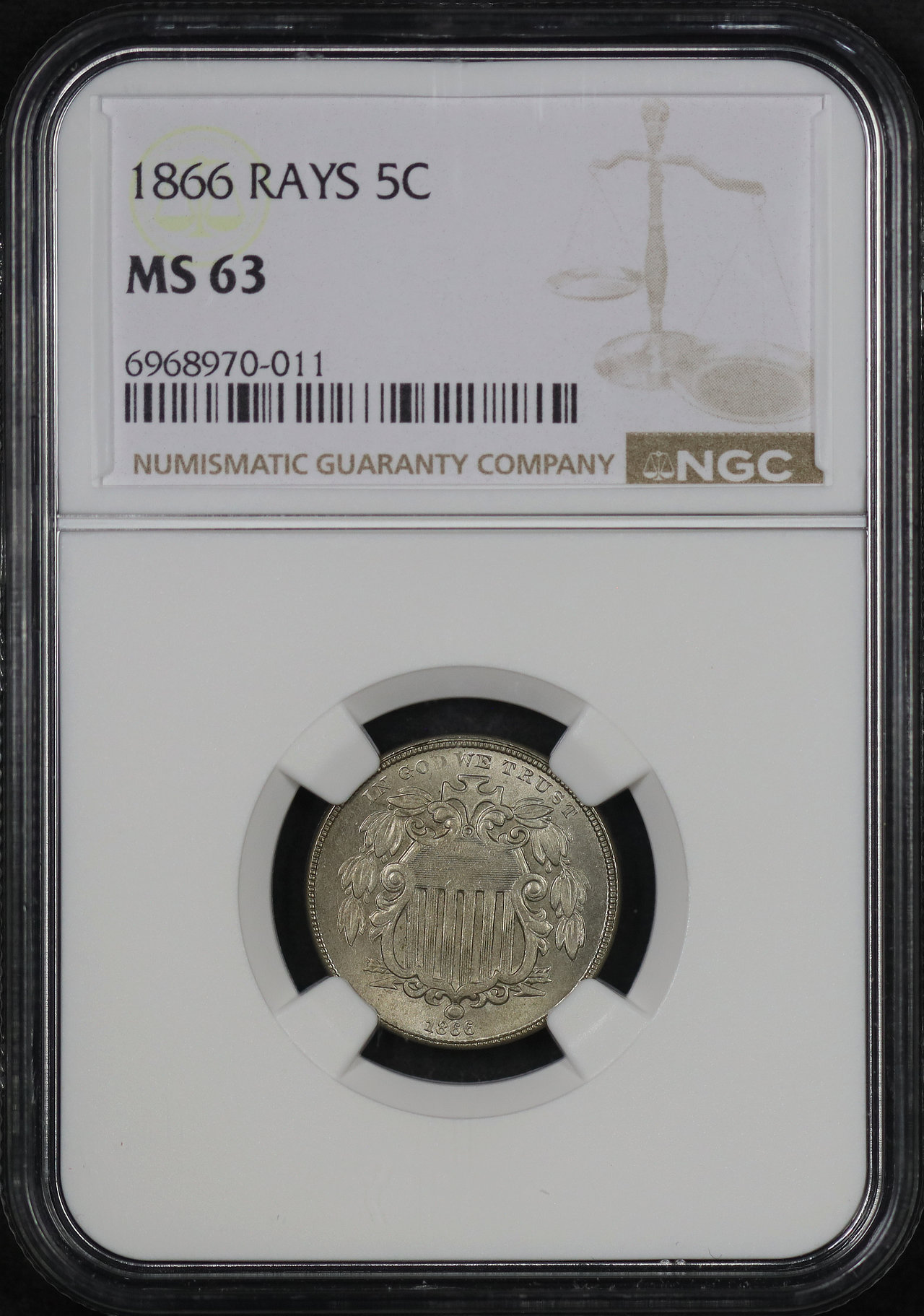 Obverse of this 1866 Shield Nickel with Rays NGC MS-63