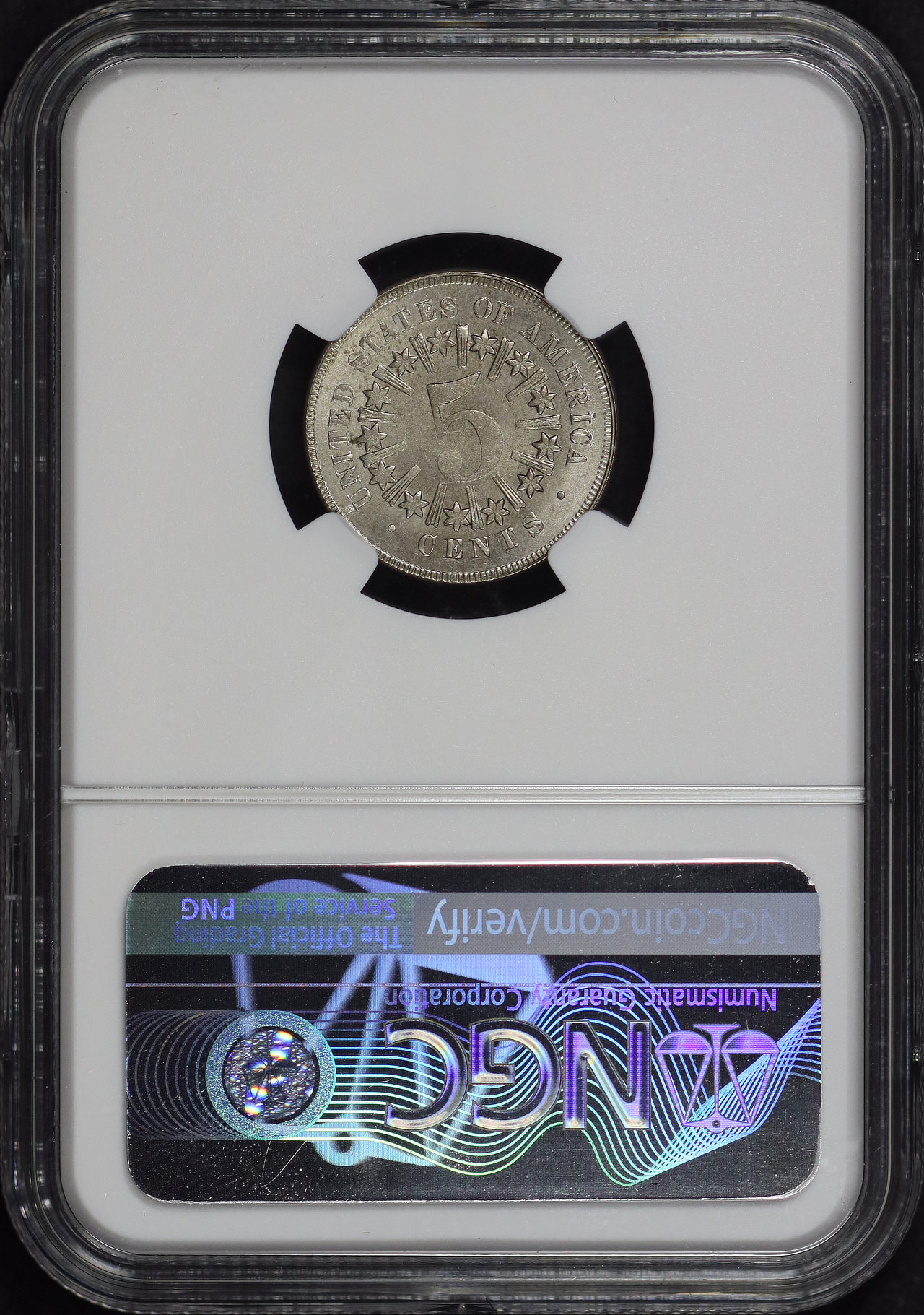 Reverse of this 1866 Shield Nickel with Rays NGC MS-63