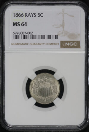 Obverse of this 1866 Shield Nickel Rays NGC MS-64