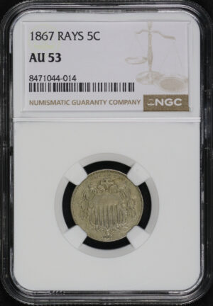 Obverse of this 1867 Shield Nickel Rays NGC AU-53
