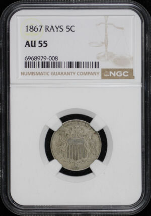 Obverse of this 1867 Shield Nickel Rays NGC AU-55