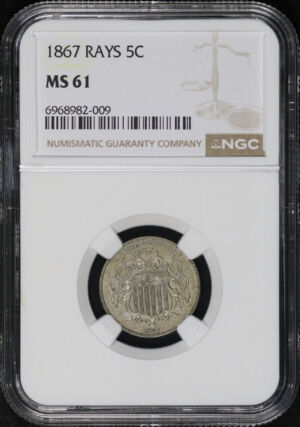 Obverse of this 1867 Shield Nickel with Rays NGC MS-61
