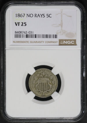 Obverse of this 1867 Shield Nickel No Rays NGC VF-25