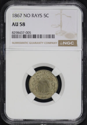 Obverse of this 1867 Shield Nickel No Rays NGC AU-58