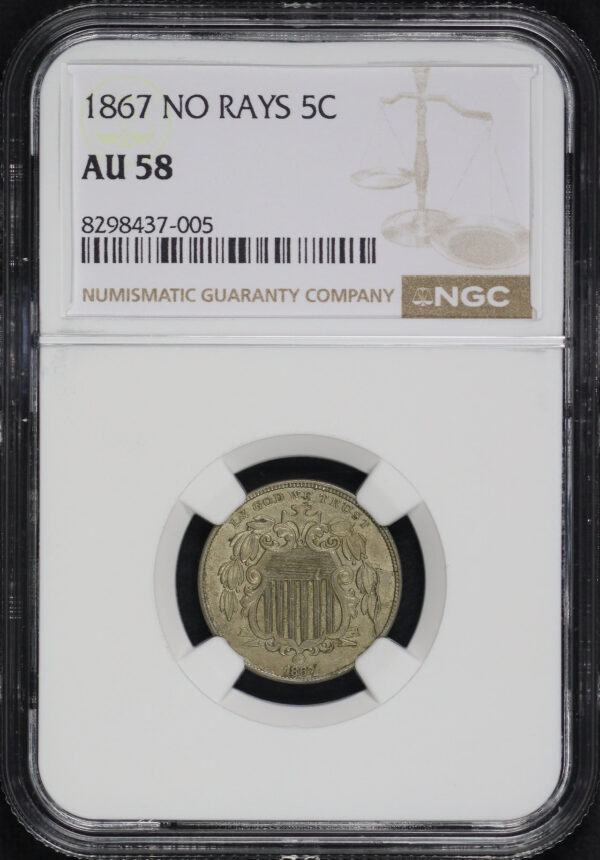 Obverse of this 1867 Shield Nickel No Rays NGC AU-58