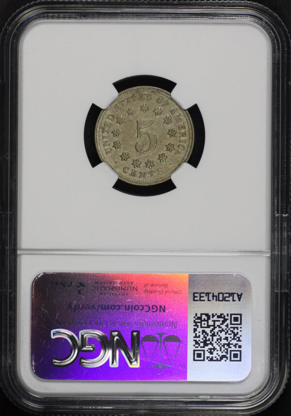 Reverse of this 1867 Shield Nickel No Rays NGC AU-58