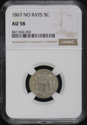 Obverse of this 1867 Shield Nickel No Rays NGC AU-58