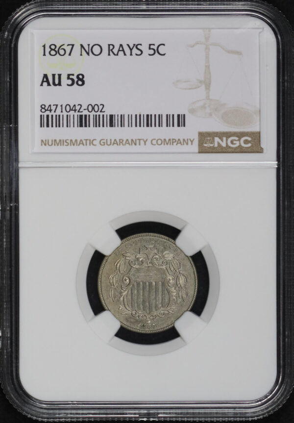 Obverse of this 1867 Shield Nickel No Rays NGC AU-58