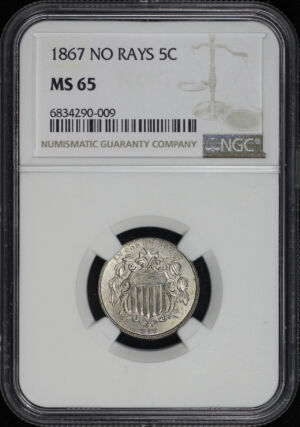 Obverse of this 1867 No Rays Shield Nickel NGC MS-65