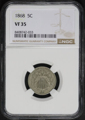 Obverse of this 1868 Shield Nickel NGC VF-35