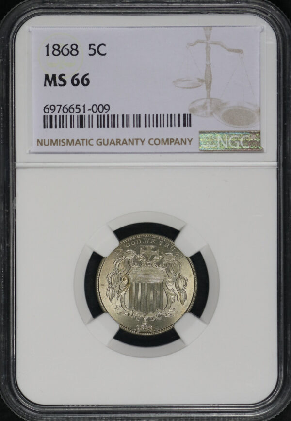 Obverse of this 1868 Shield Nickel NGC MS-66