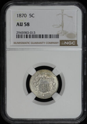 Obverse of this 1870 Shield Nickel NGC AU-58