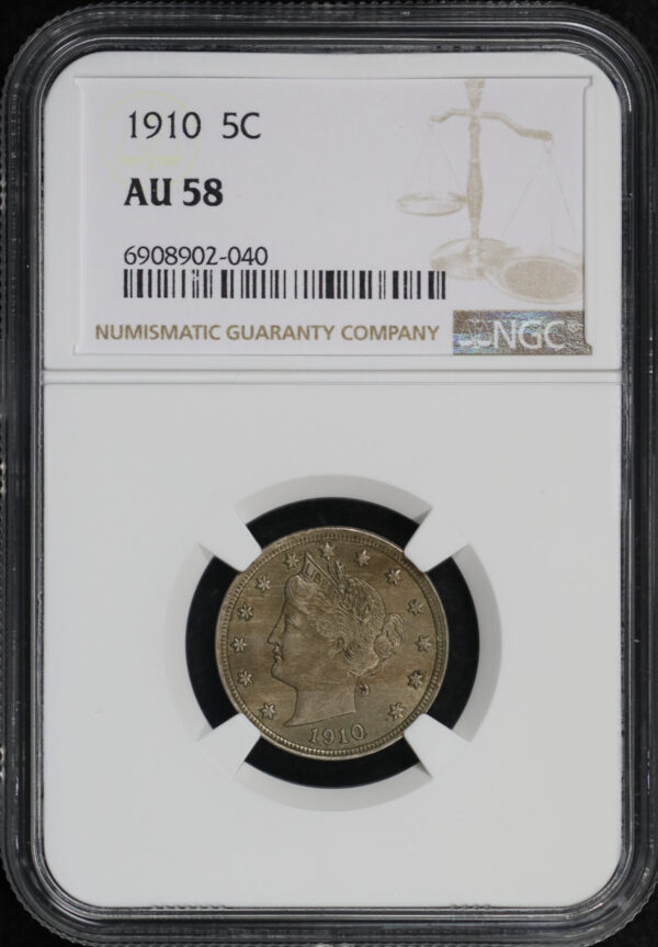 Obverse of this 1910 Liberty Nickel NGC AU-58