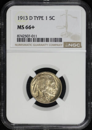 Obverse of this 1913-D Buffalo Nickel Type 1 NGC MS-66+