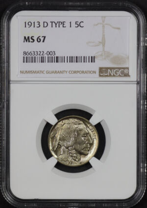 Obverse of this 1913-D Buffalo Nickel Type 1 NGC MS-67