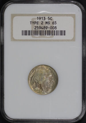 Obverse of this 1913 Buffalo Nickel Type 2 NGC MS-65 Old Fatty Holder