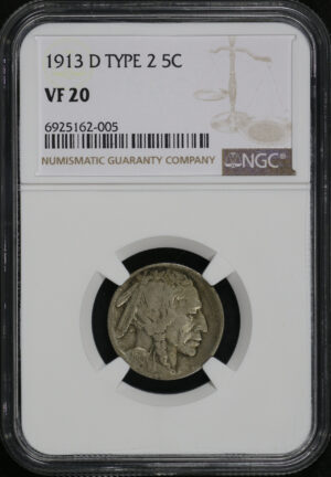 Obverse of this 1913-D Buffalo Nickel Type 2 NGC VF-20