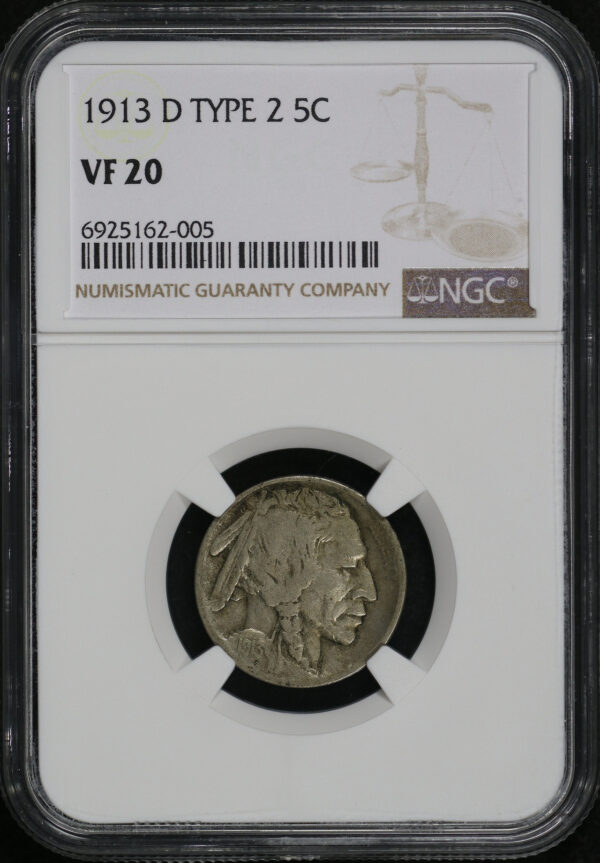 Obverse of this 1913-D Buffalo Nickel Type 2 NGC VF-20