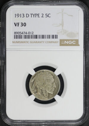 Obverse of this 1913-D Buffalo Nickel Type 2 NGC VF-30