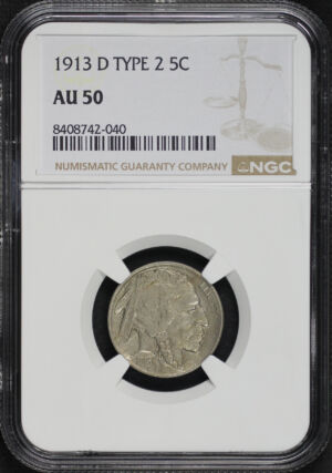 Obverse of this 1913-D Buffalo Nickel Type 2 NGC AU-50