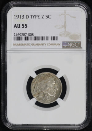 Obverse of this 1913-D Type 2 Buffalo Nickel NGC AU-55