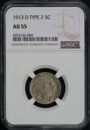 Obverse of this 1913-D Buffalo Nickel Type 2 NGC AU-55