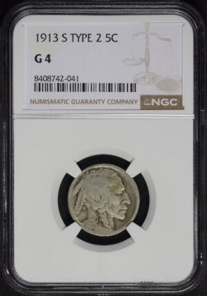 Obverse of this 1913-S Buffalo Nickel Type 2 NGC G-4