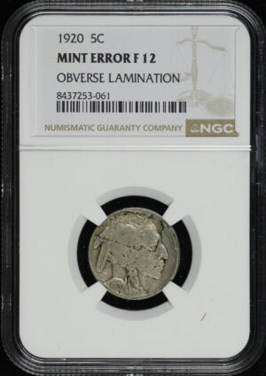 Obverse of this 1920 Buffalo Nickel NGC F-12 Obverse Lamination Mint Error