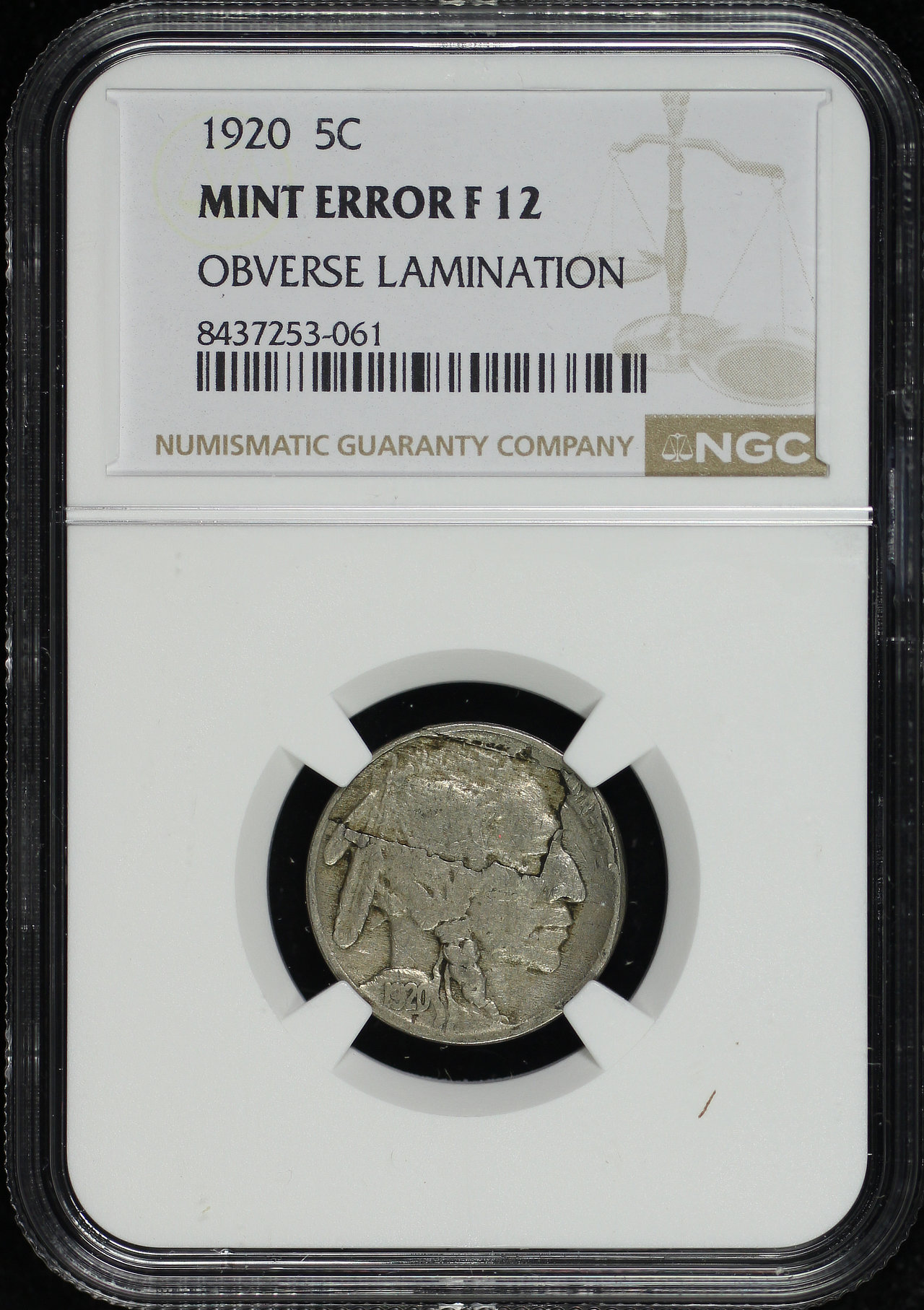 Obverse of this 1920 Buffalo Nickel NGC F-12 Obverse Lamination Mint Error