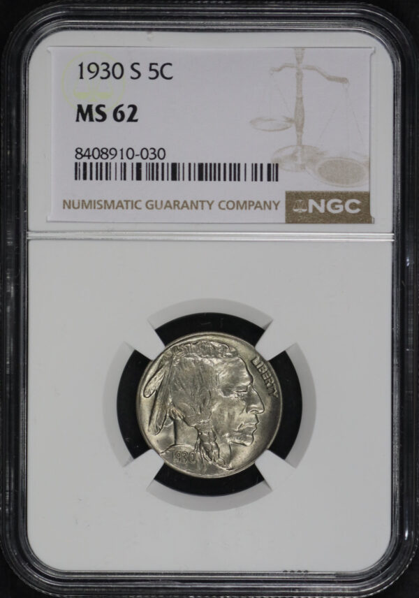 Obverse of this 1930-S Buffalo Nickel NGC MS-62