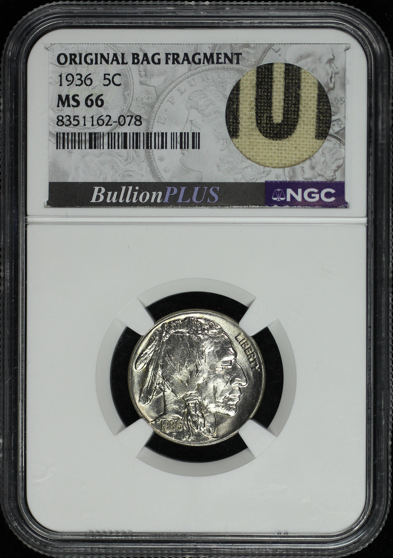 Obverse of this 1936 Buffalo Nickel NGC MS-66 with Original Bag Fragment
