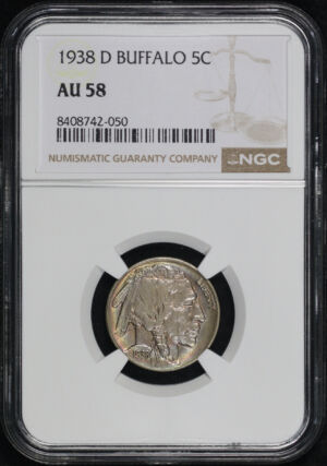 Obverse of this 1938-D Buffalo Nickel NGC AU-58 – Pastel Toning!