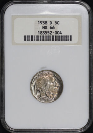 Obverse of this 1938-D Buffalo Nickel NGC MS-66 Old Fatty Holder, Perfect Hologram