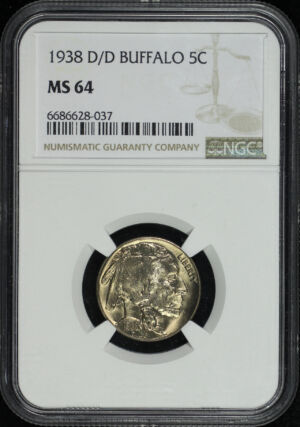 Obverse of this 1938-D/D Buffalo Nickel NGC MS-64